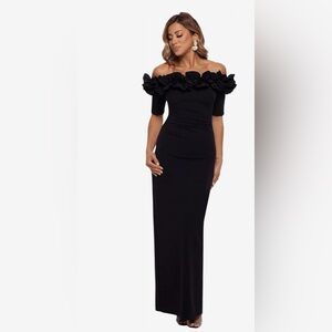 XSCAPE Women's Off-The-Shoulder Ruffle black short sleeve Long Dress size 12P